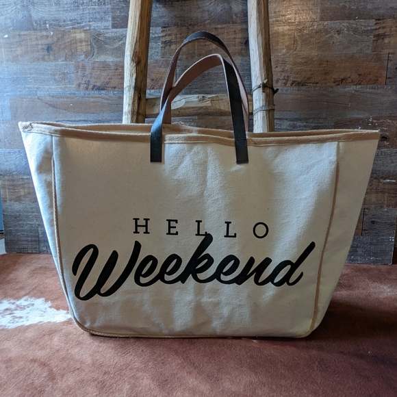 New " Hello Weekend" Canvas Travel Weekender Bag - Picture 4 of 12